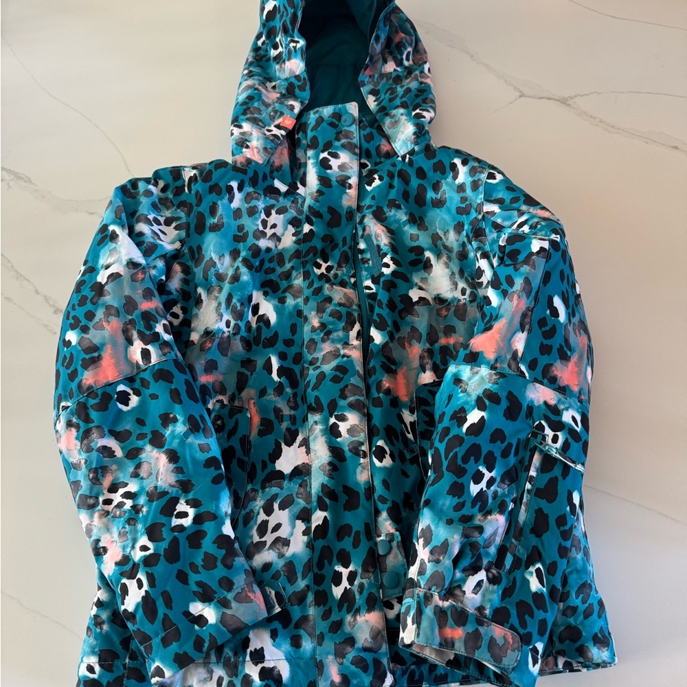 Roxy Blue Puffer Jacket with Hood and Camouflage Pattern
